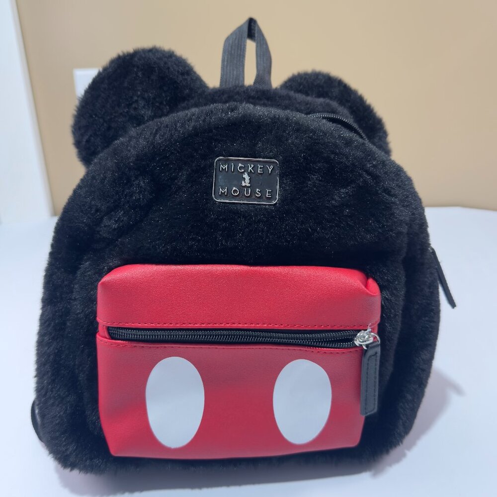 Disney Bioworld Mickey Mouse Mini Backpack Purse Soft Fuzzy Faux Fur with Ears